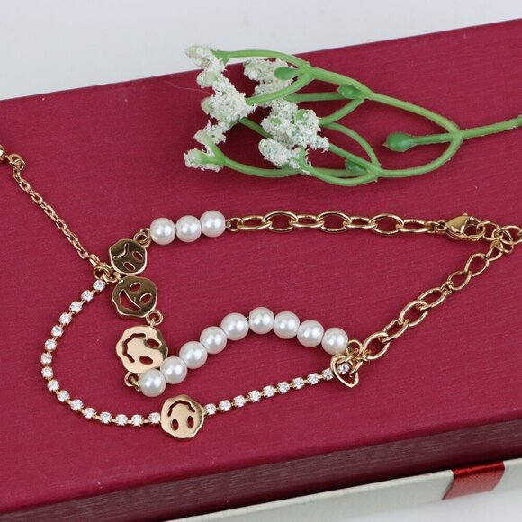Rose Gold Smiley Face Pearl and Crystal Layered Bracelet, XPBL0671 - Picture 12 of 12